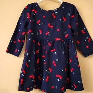 Long sleeve navy cotton dress with cherry print